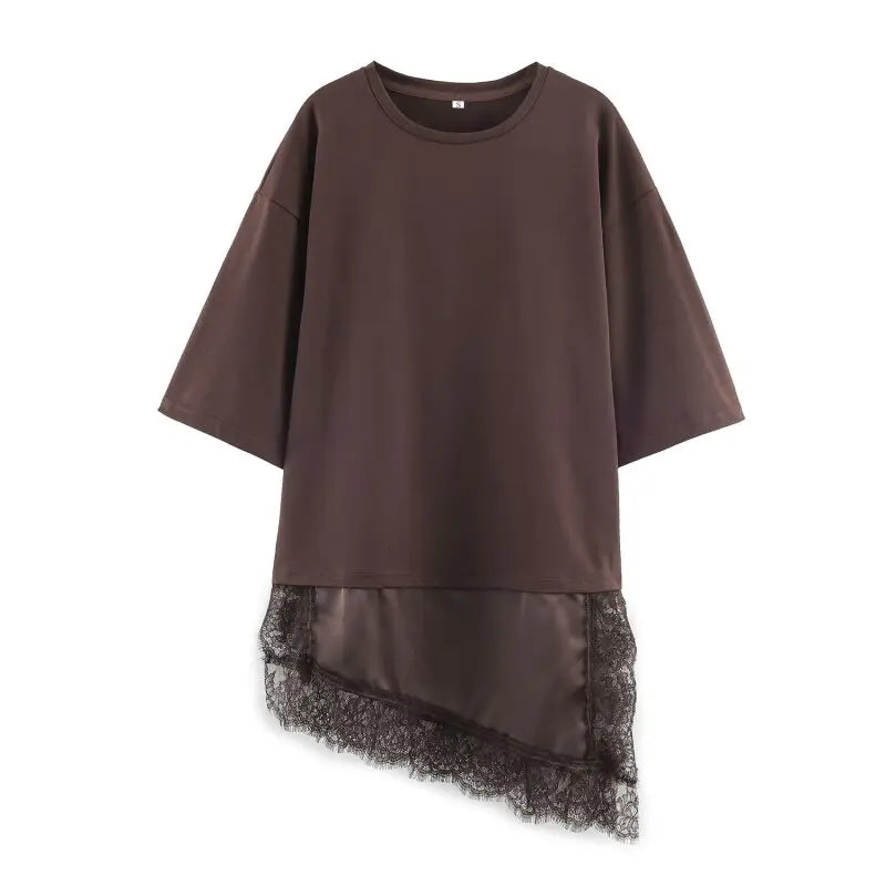 Women's Spring Summer Asymmetric Lace Trim Half Sleeve T-Shirt Back to School Casual Daily Wear Fashion Versatile Top 4 Colors