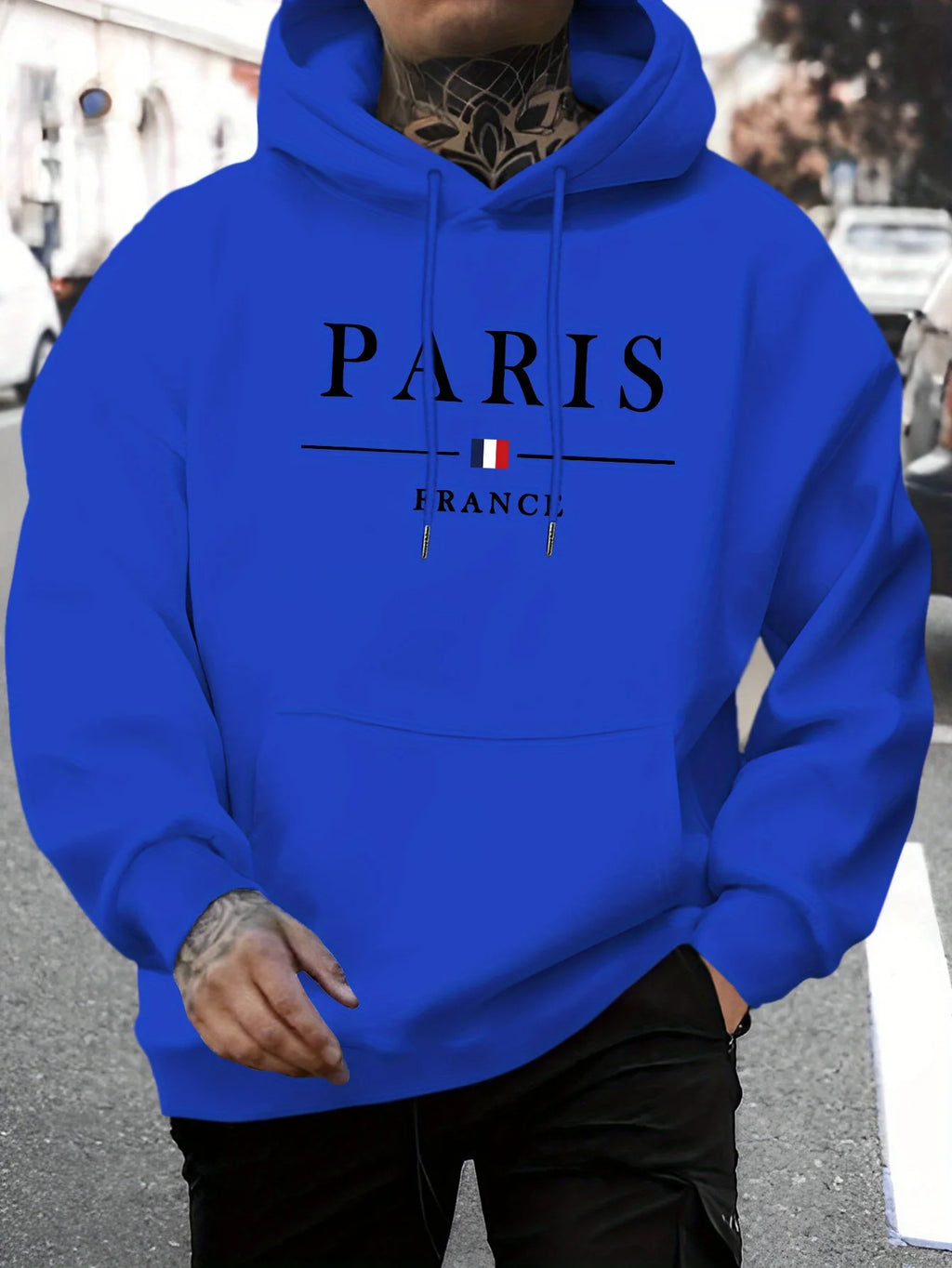 Men's autumn and winter casual fashion loose Paris letter pattern printed long sleeved hooded sweatshirt warm pullover