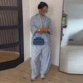 Plaid Striped Two Piece Set Half Sleeve Oversized Button Down Shirt High Waist Loose Wide Leg Pants 2026 Summer Casual Chic Sets