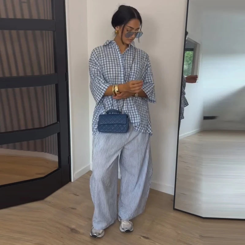 Plaid Striped Two Piece Set Half Sleeve Oversized Button Down Shirt High Waist Loose Wide Leg Pants 2026 Summer Casual Chic Sets