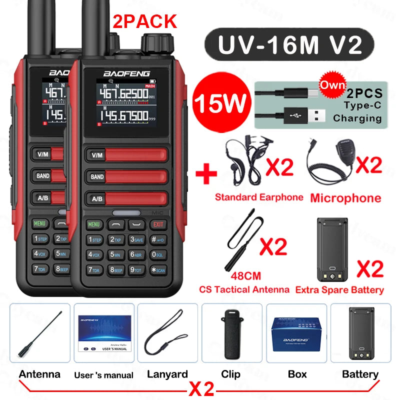 2Pack Baofeng 15W 50KM Waterproof Walkie Talkie 999CH AM FM 2-Way Radio Full Band LCD Screen Frequency Copy Noise Reduce UV16M