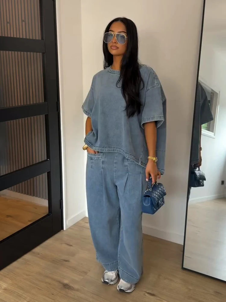  Loose Denim 2 Piece Sets Women Outfit Oversize O-neck Half Sleeve Top Wide Leg Pant Suit 2026 Summer Casual Lady Matching Set