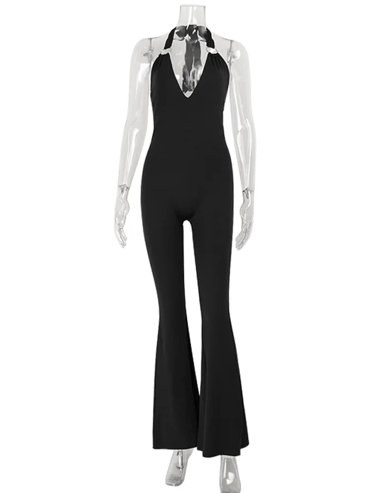 Ahagaga Sexy Women Jumpsuits Solid Halter Deep V-Neck Sheath Club Casual Streetwear Bandage High End Backless Sleeveless Rompers