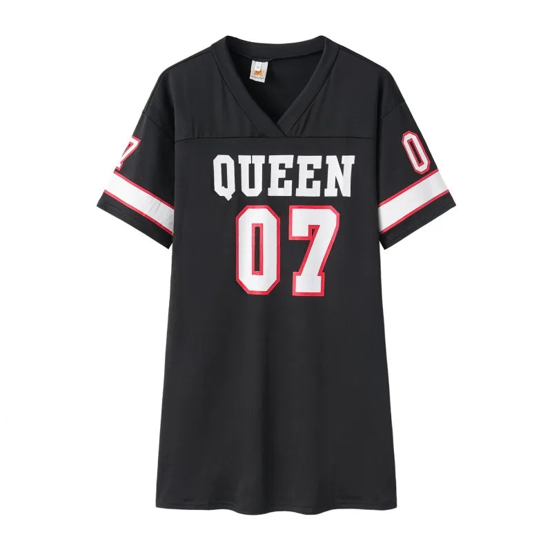 2025 New Fashion V-Neck Queen Letters Print Dress Short Sleeve Basketball Sporty Style Sexy Loose Female Clothing Streetwear