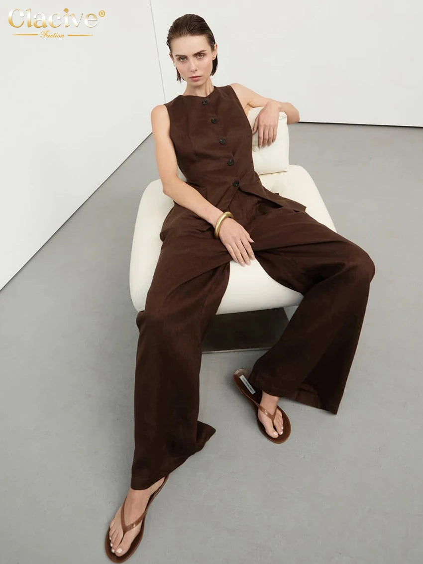Clacive Summer Slim Brown Linen Pants Set 2 Piece Woman Fashion Sleeveless Tank Top With High Waist Wide Trousers Suits Female