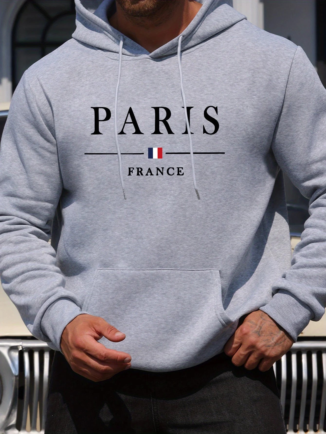 Men's autumn and winter casual fashion loose Paris letter pattern printed long sleeved hooded sweatshirt warm pullover