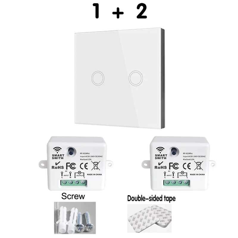 433Mhz Wireless Smart Light Wall Switch with Remote Control Touch Wall Panel Mini Relay Receiver 220V 10A for Home Led Lamp Fan