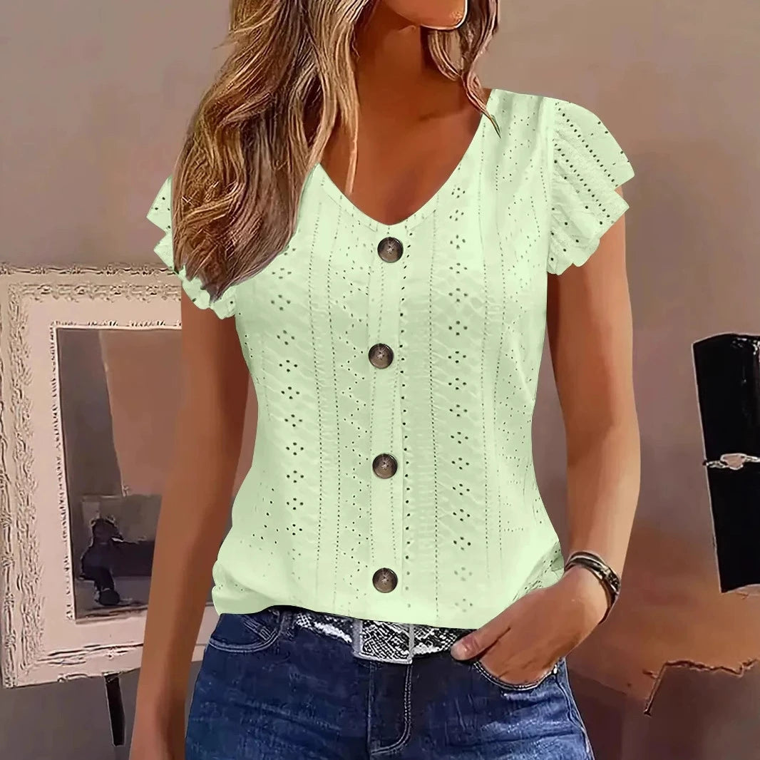 2025 Spring/Summer new women's fashion stylish commute casual solid color multi-color ruffle sleeve V-neck T-shirt