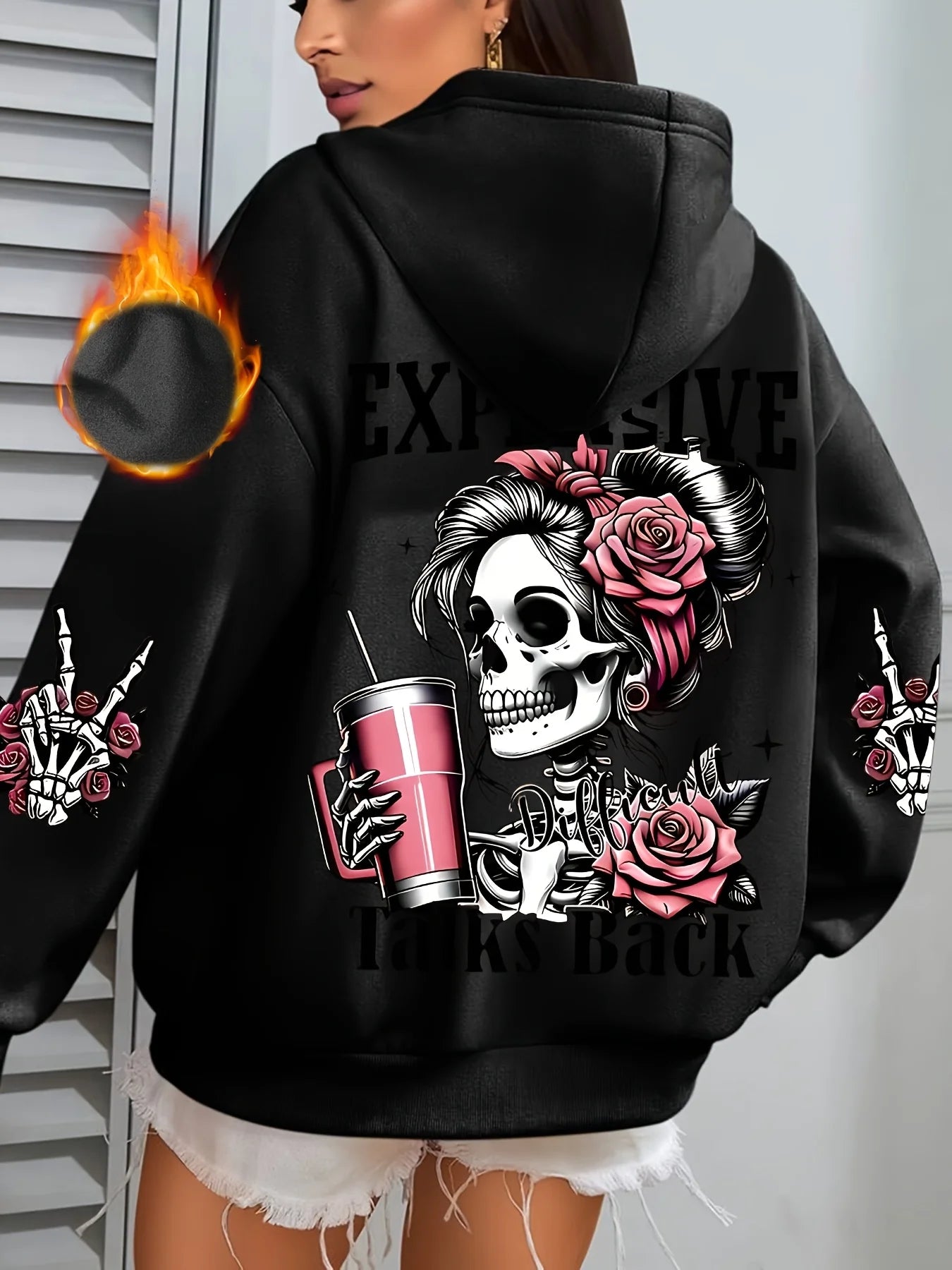 Women's autumn and winter warm and loose casual NOPE not today printed suede long sleeved hooded sweatshirt