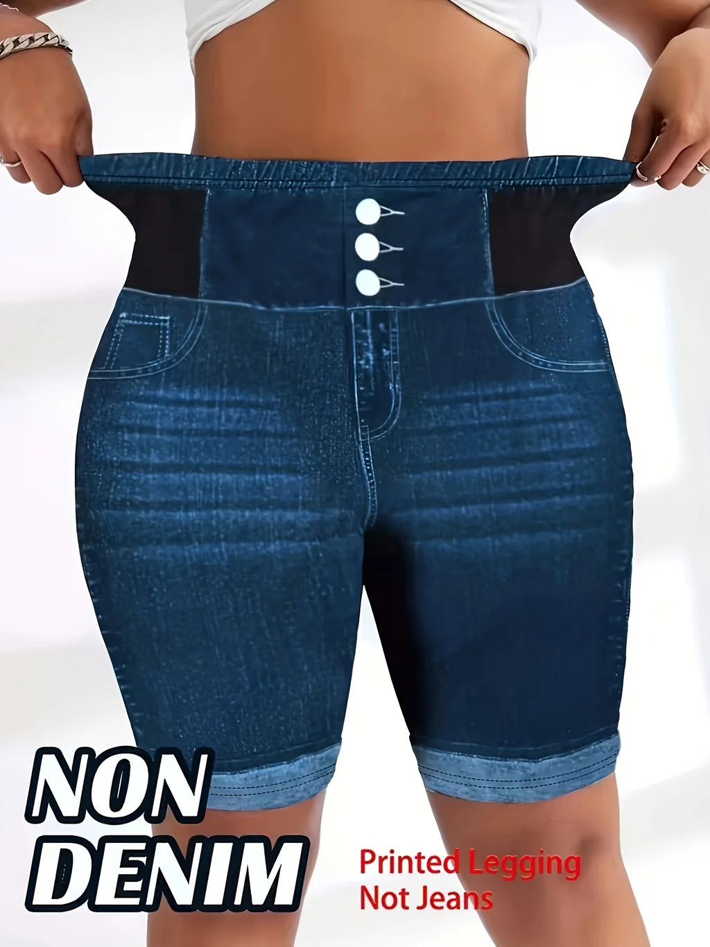 Plus Size Tummy Control Biker Shorts, Chic 3-Button Faux Denim Cycling Shorts, High Waist Slimming Yoga Bottoms for Curvy Women