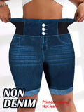 Plus Size Tummy Control Biker Shorts, Chic 3-Button Faux Denim Cycling Shorts, High Waist Slimming Yoga Bottoms for Curvy Women