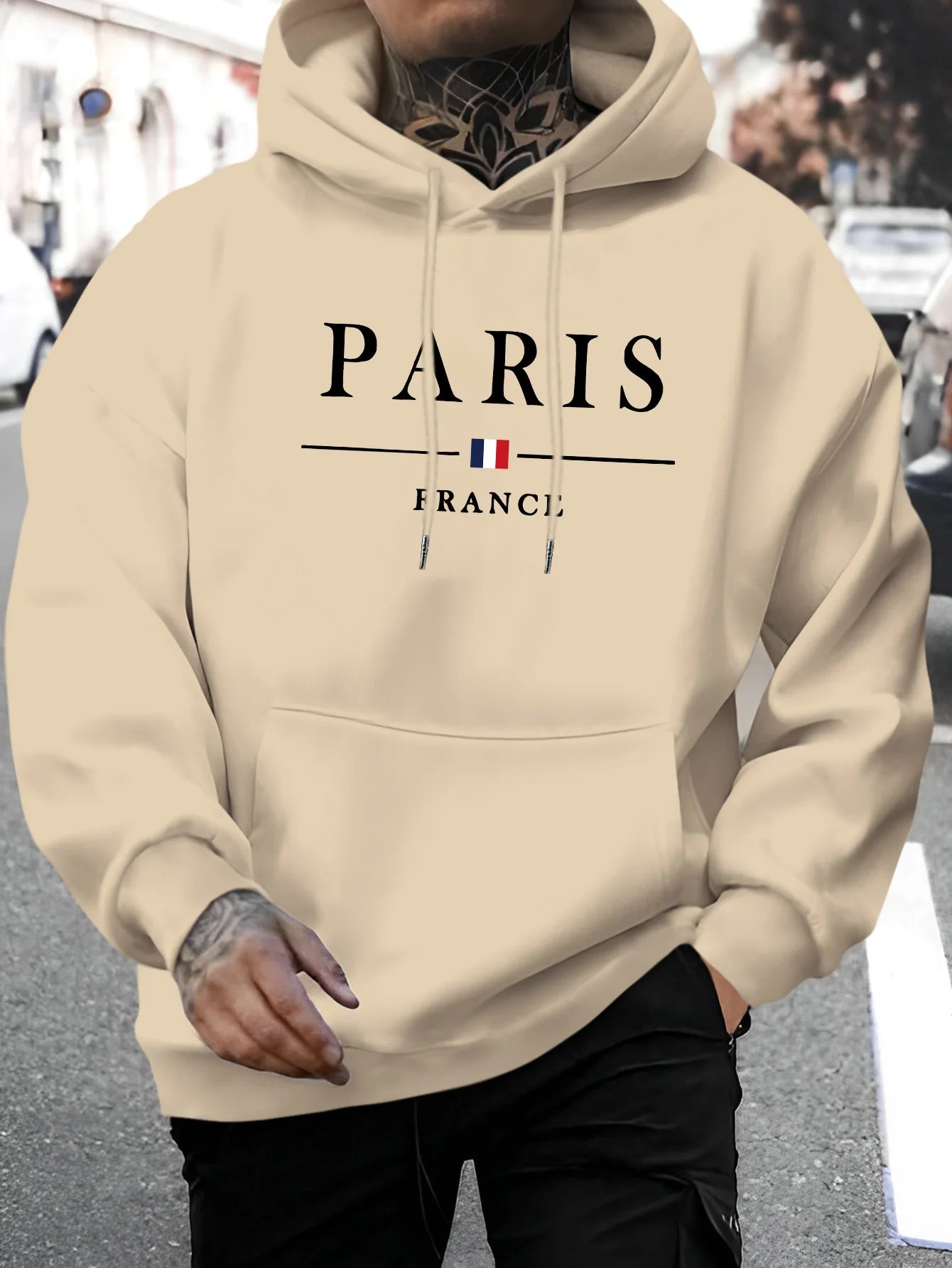 Men's autumn and winter casual fashion loose Paris letter pattern printed long sleeved hooded sweatshirt warm pullover