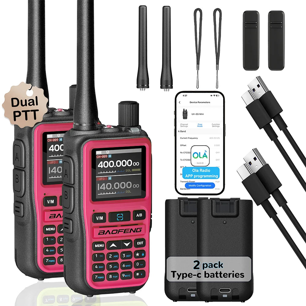 2 Pack BAOFENG UV-5R Mini Dual Band Two-Way Radio (5W/999CH) - Bluetooth APP Programming, NOAA Alert, Type-C Fast Charging