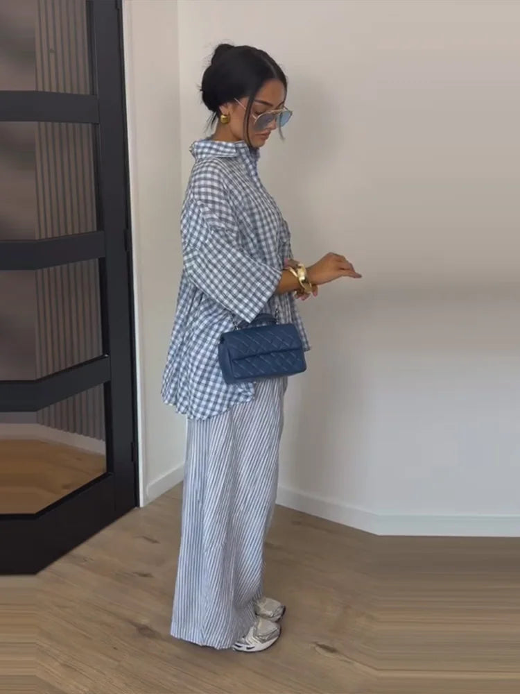 Plaid Striped Two Piece Set Half Sleeve Oversized Button Down Shirt High Waist Loose Wide Leg Pants 2026 Summer Casual Chic Sets