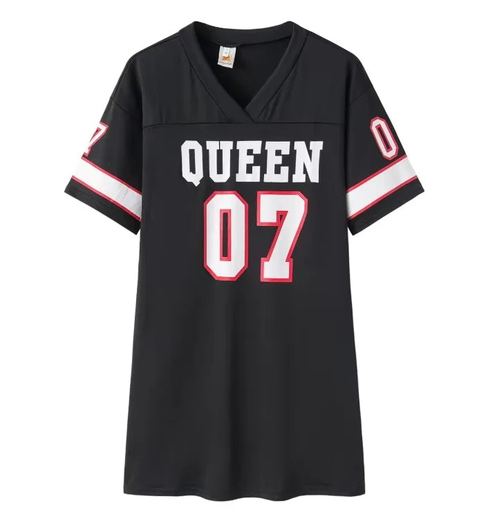 2025 New Fashion V-Neck Queen Letters Print Dress Short Sleeve Basketball Sporty Style Sexy Loose Female Clothing Streetwear