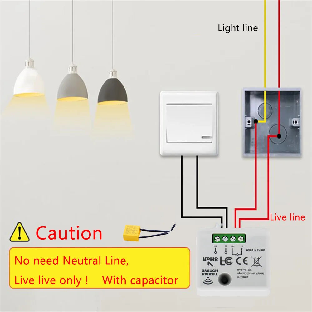TEDELIGO Smart Light Switch Without Neutral 220V 130W Breaker Wireless Touch Button Wall Switch Mini Relay 2-Way On/Off Module