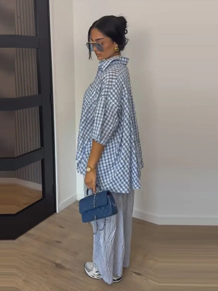 Plaid Striped Two Piece Set Half Sleeve Oversized Button Down Shirt High Waist Loose Wide Leg Pants 2026 Summer Casual Chic Sets