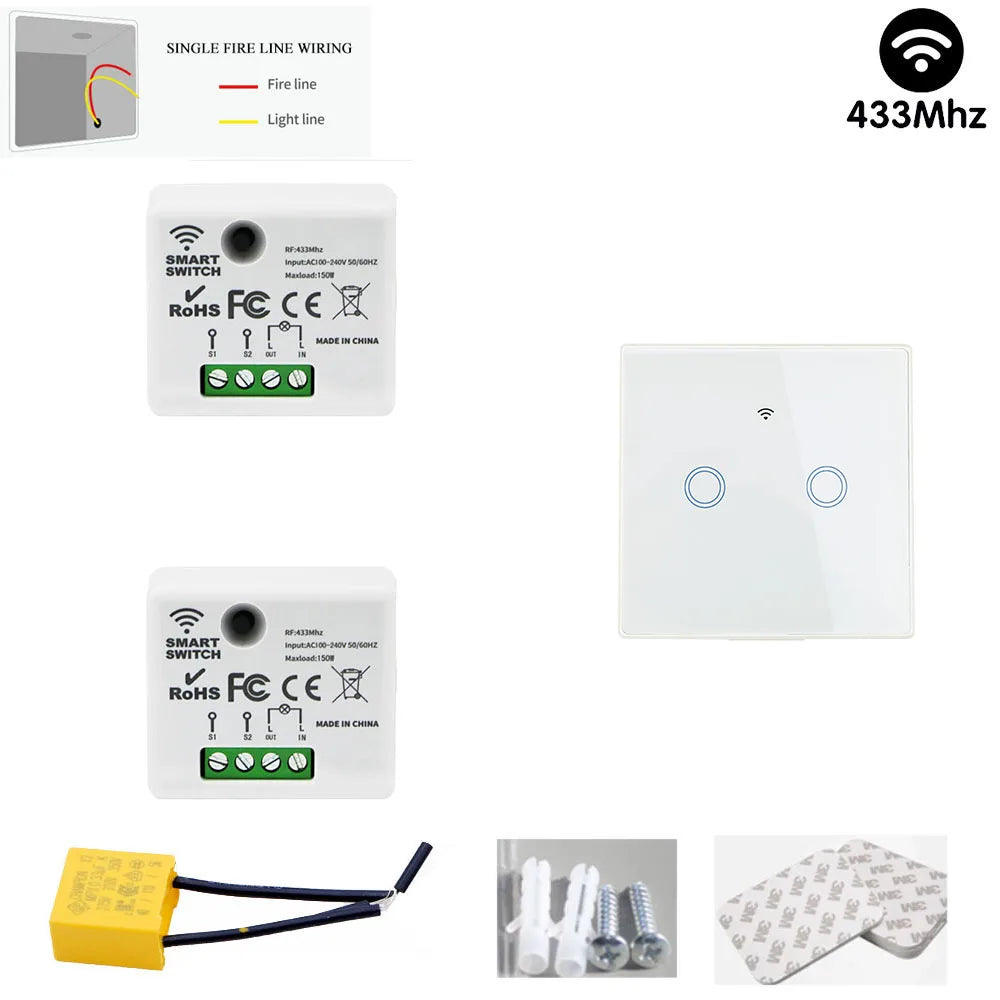 TEDELIGO Smart Light Switch Without Neutral 220V 130W Breaker Wireless Touch Button Wall Switch Mini Relay 2-Way On/Off Module