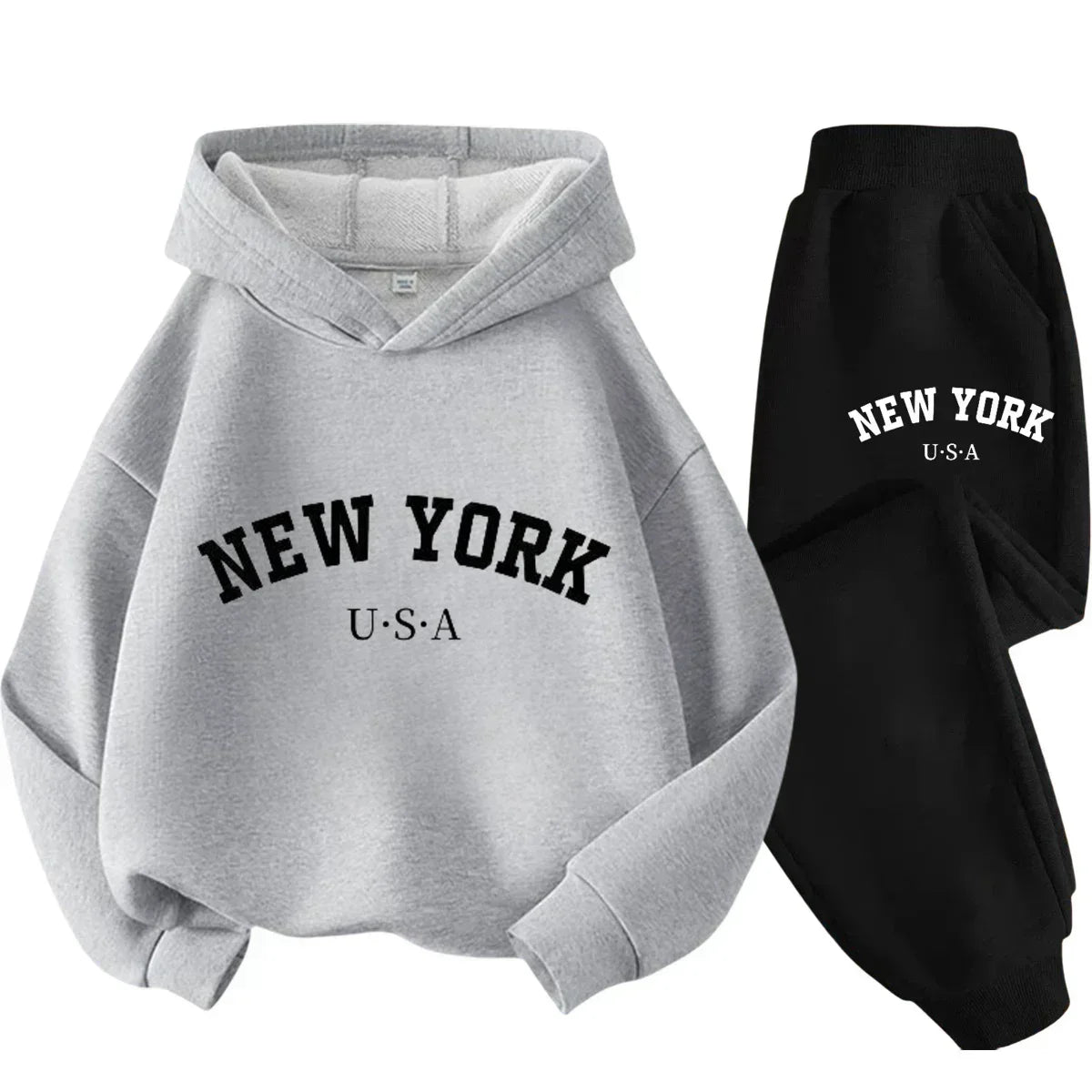 Children's Black Sports Outdoor Letter Print Hooded Sweatshirt 3-12 Years Old Boys and Girls Casual Set Sweatshirt + Pants