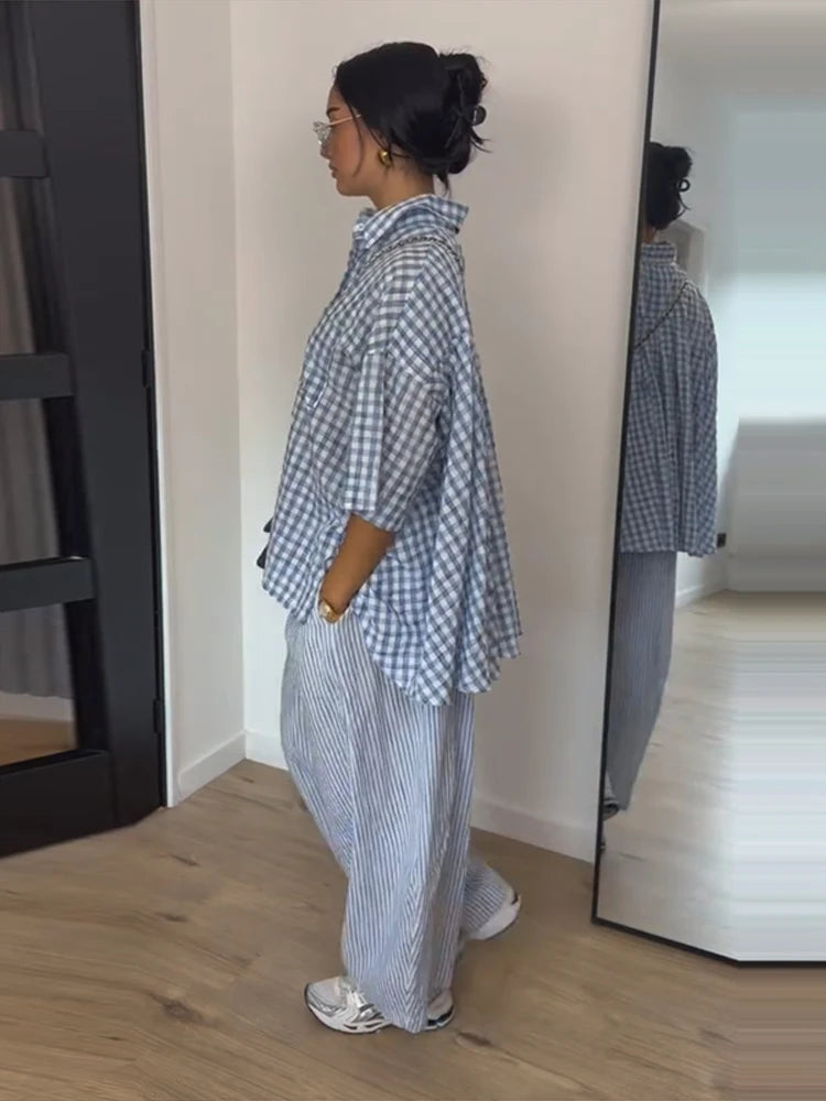 Plaid Striped Two Piece Set Half Sleeve Oversized Button Down Shirt High Waist Loose Wide Leg Pants 2026 Summer Casual Chic Sets