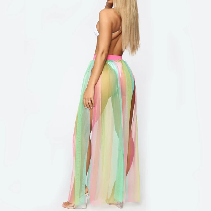 Women Beach Mesh Sheer Skirts Swim Wear Pareo See Through Ladies Clothes Bikini Cover Up Wrap Long Sarong Holiday Fashion New