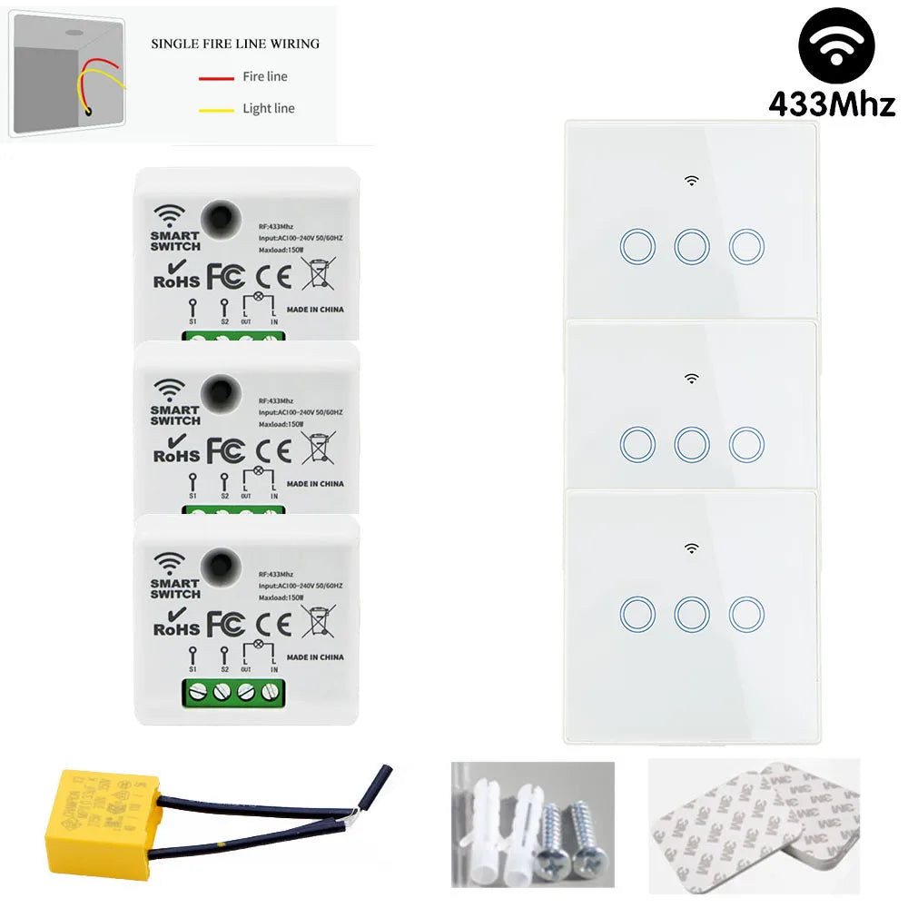 TEDELIGO Smart Light Switch Without Neutral 220V 130W Breaker Wireless Touch Button Wall Switch Mini Relay 2-Way On/Off Module