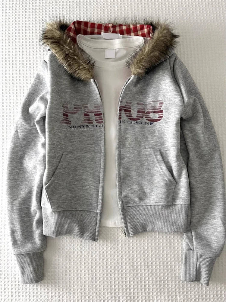 Women American Vintage Letter Print Jacket Antumn Winter Y2K Harajuku Faux Fur Hooede Hoodie Sweet Fashion Hot Girl Sweatshirt