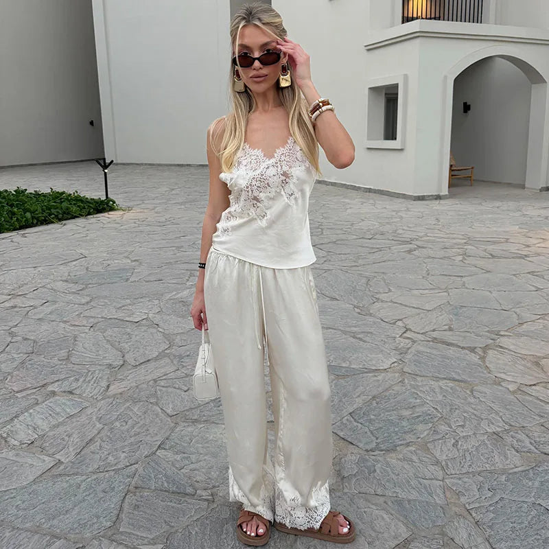 Lace Splicing Women Sets V Neck Spaghetti Strap Camisole Tops Solid Drawstring Shorts Sexy Bedroom Lounge Set 2026 New Fashion