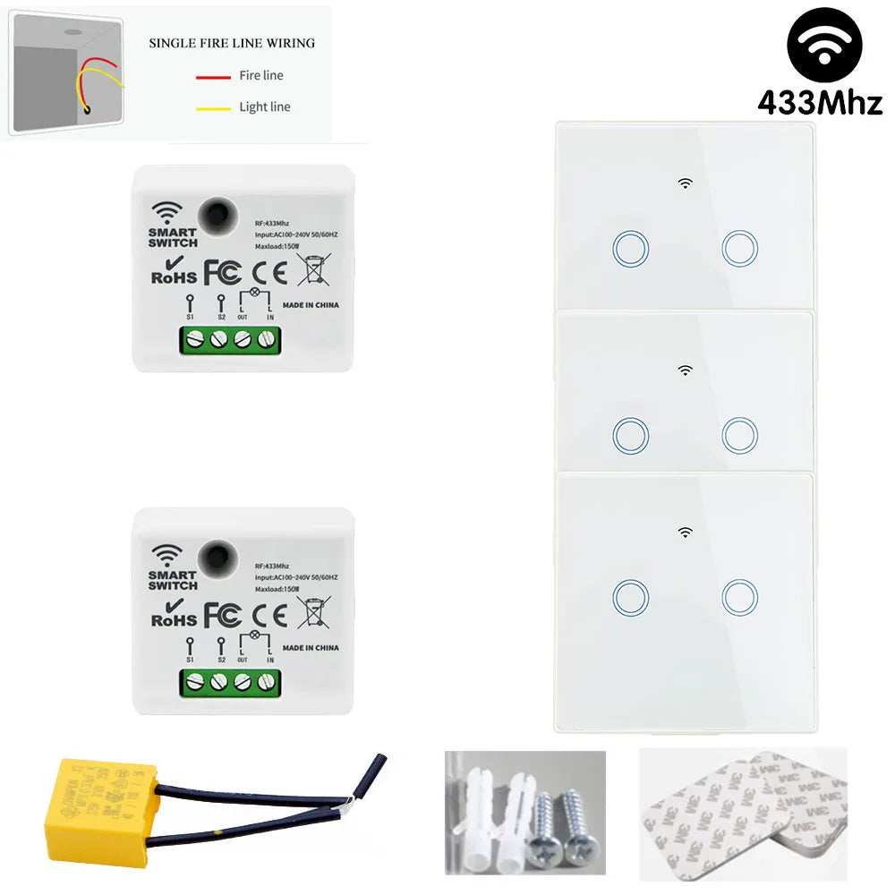 TEDELIGO Smart Light Switch Without Neutral 220V 130W Breaker Wireless Touch Button Wall Switch Mini Relay 2-Way On/Off Module