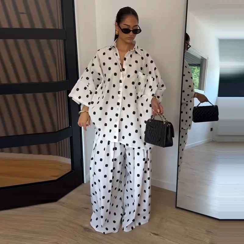 Plaid Striped Two Piece Set Half Sleeve Oversized Button Down Shirt High Waist Loose Wide Leg Pants 2026 Summer Casual Chic Sets