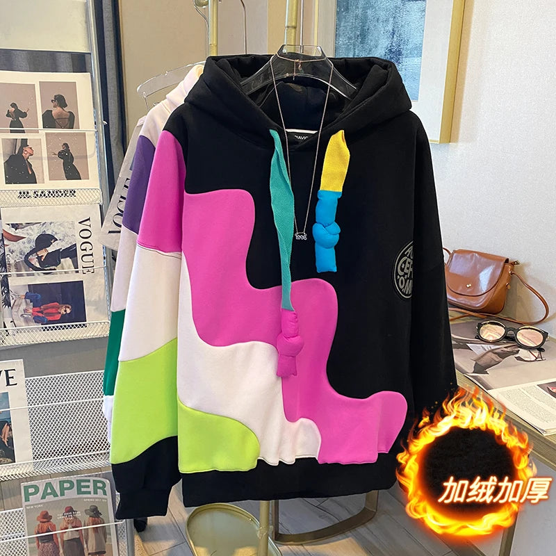 Winter Irregular Waves Contrasting Panels Fleece Padded Hooded Sweatshirt Women's Large Loose Casual Warm Hoodie