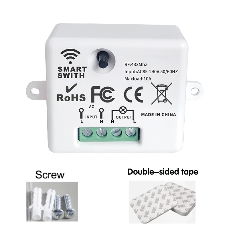 433Mhz Wireless Smart Light Wall Switch with Remote Control Touch Wall Panel Mini Relay Receiver 220V 10A for Home Led Lamp Fan