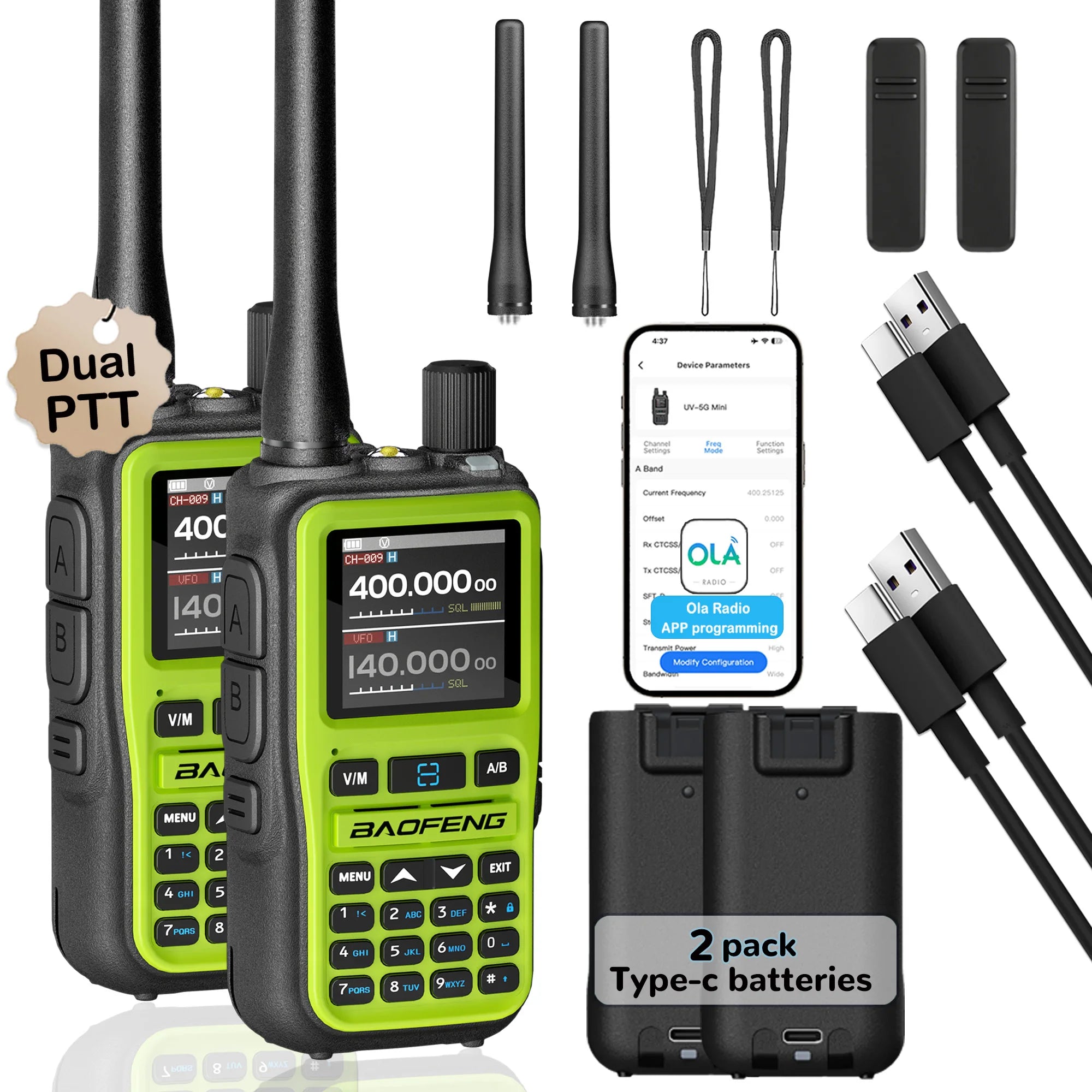 2 Pack BAOFENG UV-5R Mini Dual Band Two-Way Radio (5W/999CH) - Bluetooth APP Programming, NOAA Alert, Type-C Fast Charging