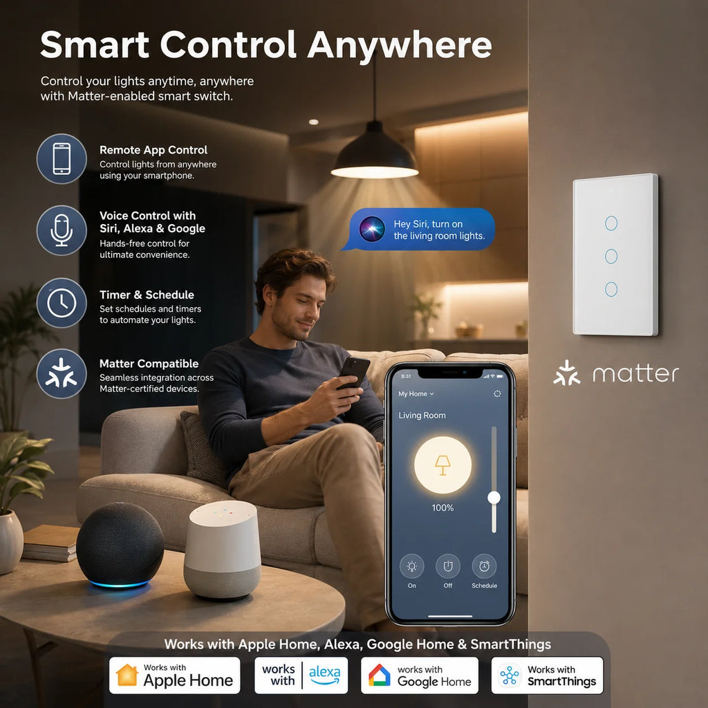 Melery Matter over WiFi Smart Light Wall Switch Touch Sensor Glass Panel Remoted Google/Apple Home Siri Alexa Homekit Smarttings
