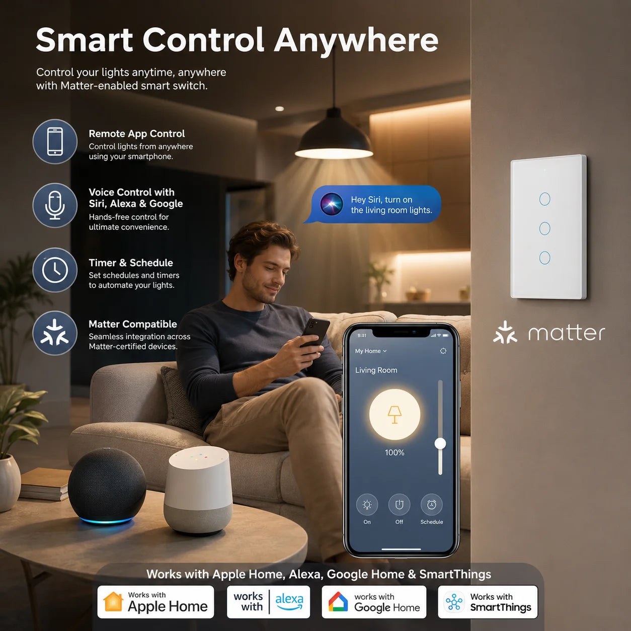 Melery Matter over WiFi Smart Light Wall Switch Touch Sensor Glass Panel Remoted Google/Apple Home Siri Alexa Homekit Smarttings