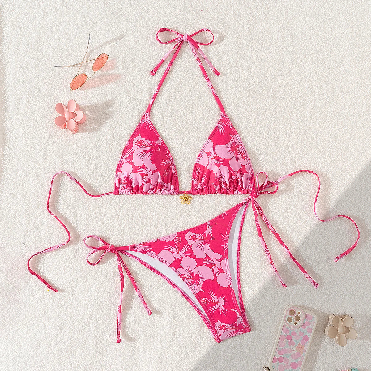 2026 New Women's Bikini Set  Adjustable Tie Side Bandage Swimwear High-End Sexy Two-Piece Bathing Suit Summer Beach Push Up