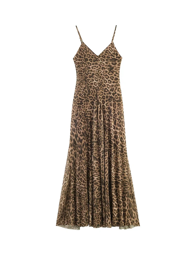 Ladies Sexy Summer Dress Women Vintage Leopard Print Sling Dress Party Suspender Sleeveless Backless Slimming Maxi Dress Female