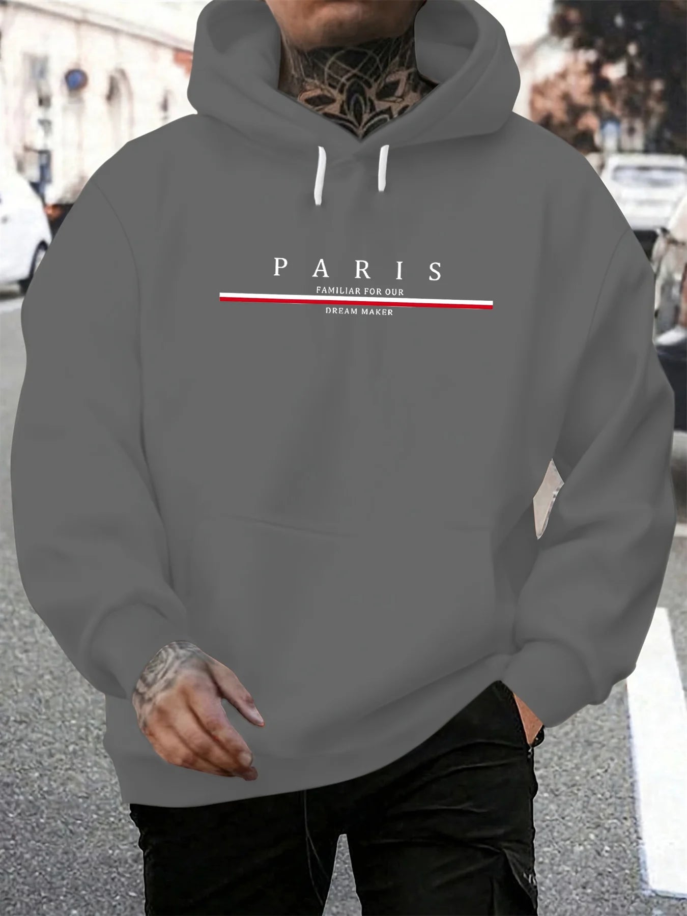 Men's autumn and winter casual fashionable loose hooded sweatshirt Paris letter printed long sleeved warm pullover