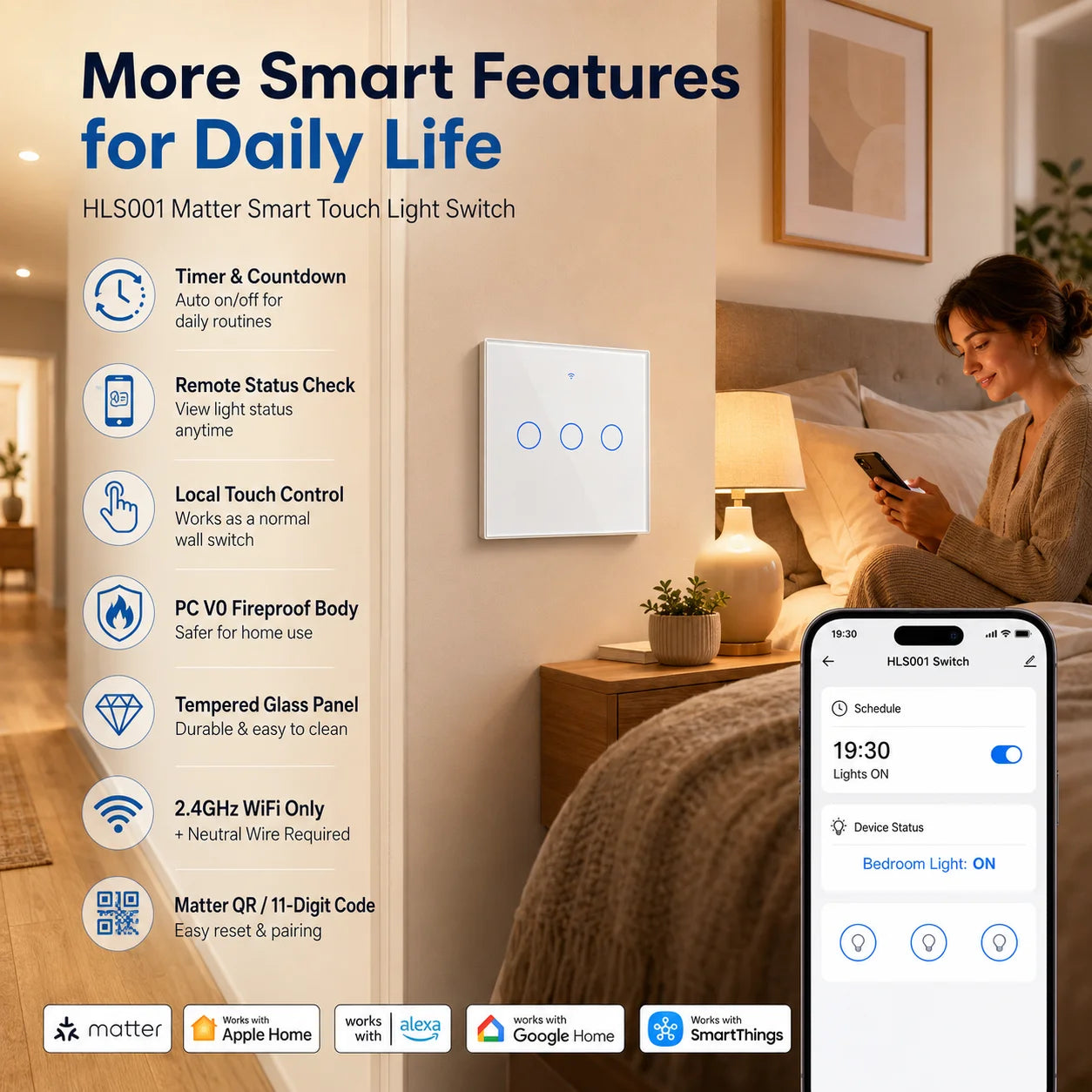 Melery Matter over WiFi Smart Light Wall Switch Touch Sensor Glass Panel Remoted Google/Apple Home Siri Alexa Homekit Smarttings