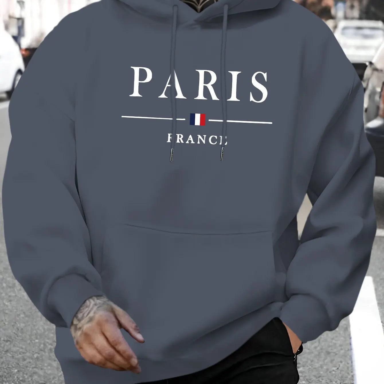 Men's autumn and winter casual fashion loose Paris letter pattern printed long sleeved hooded sweatshirt warm pullover