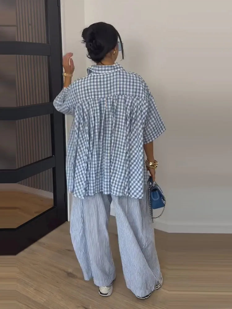 Plaid Striped Two Piece Set Half Sleeve Oversized Button Down Shirt High Waist Loose Wide Leg Pants 2026 Summer Casual Chic Sets