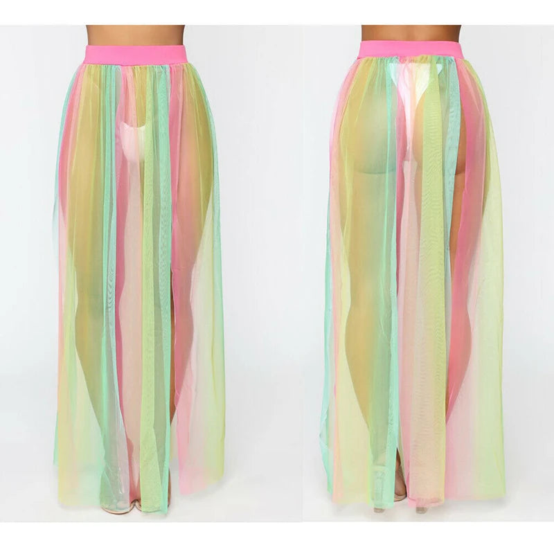 Women Beach Mesh Sheer Skirts Swim Wear Pareo See Through Ladies Clothes Bikini Cover Up Wrap Long Sarong Holiday Fashion New
