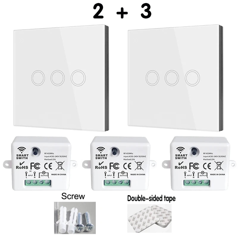 433Mhz Wireless Smart Light Wall Switch with Remote Control Touch Wall Panel Mini Relay Receiver 220V 10A for Home Led Lamp Fan