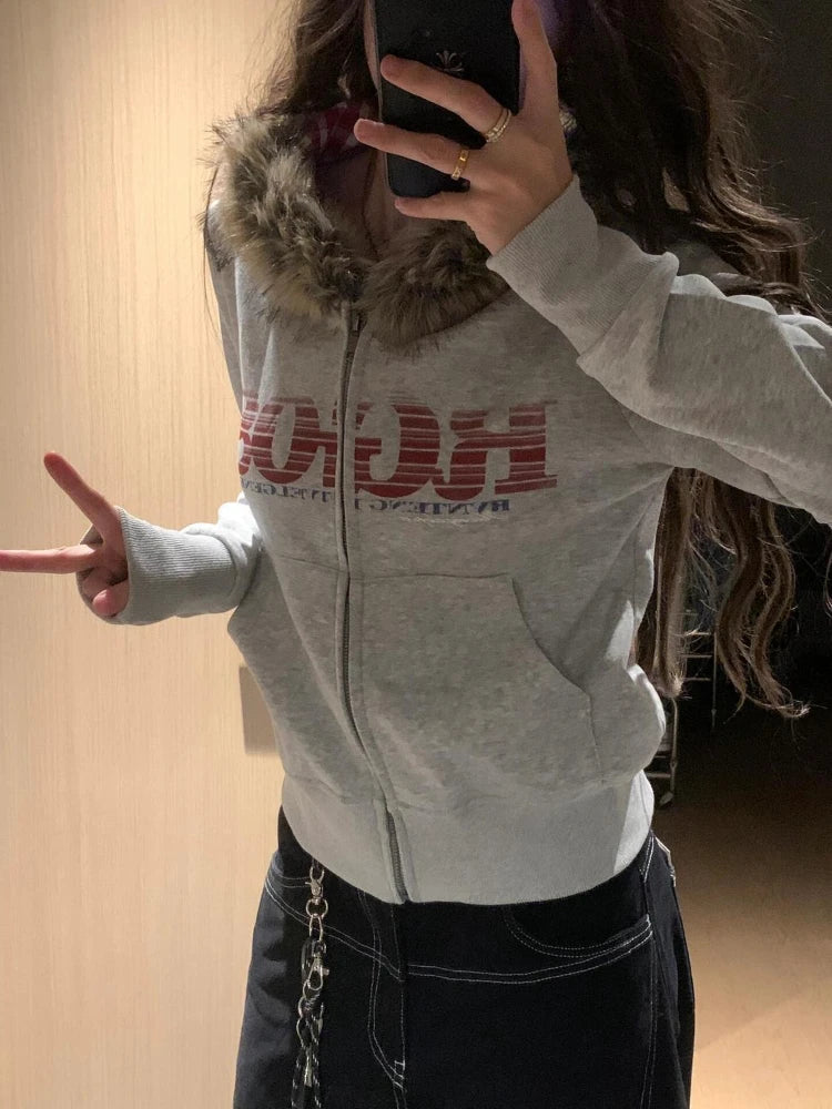 Women American Vintage Letter Print Jacket Antumn Winter Y2K Harajuku Faux Fur Hooede Hoodie Sweet Fashion Hot Girl Sweatshirt