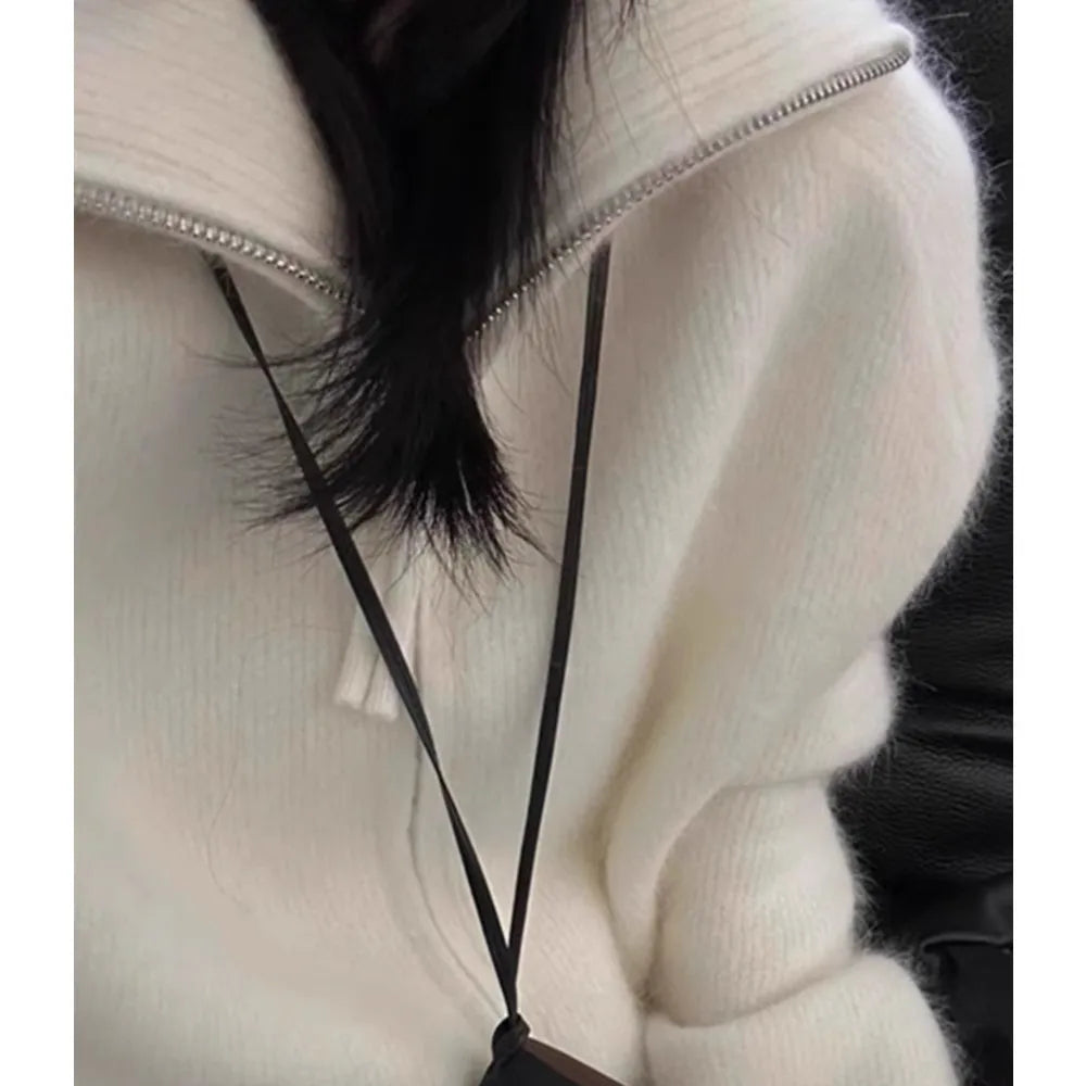 European-style double zipper 100%wool cardigan women high neck loose cashmere sweater knitted sweater thickened coat