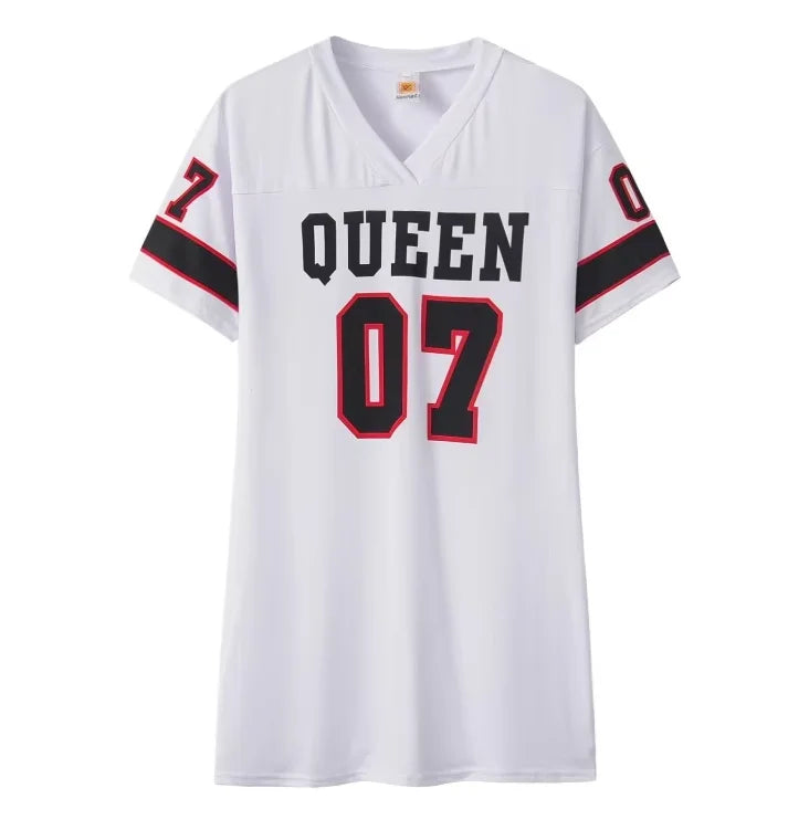 2025 New Fashion V-Neck Queen Letters Print Dress Short Sleeve Basketball Sporty Style Sexy Loose Female Clothing Streetwear