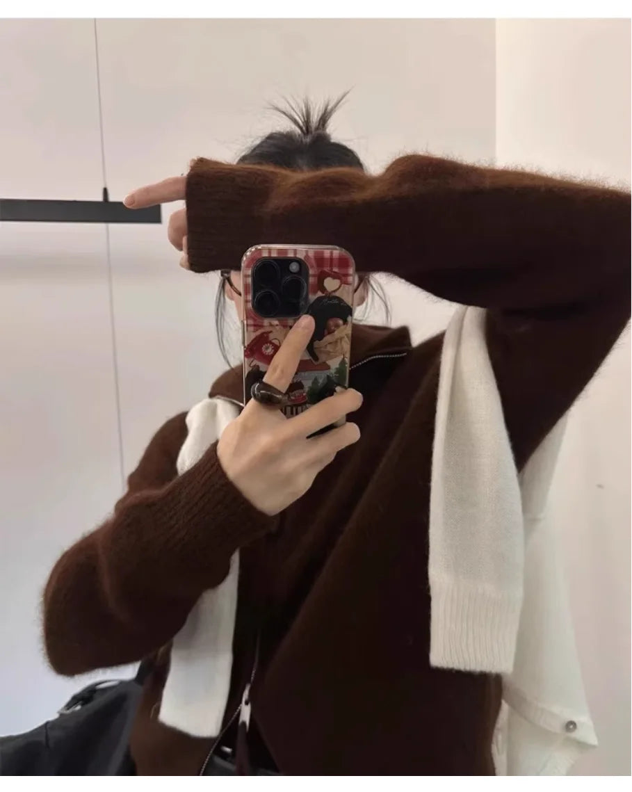 European-style double zipper 100%wool cardigan women high neck loose cashmere sweater knitted sweater thickened coat