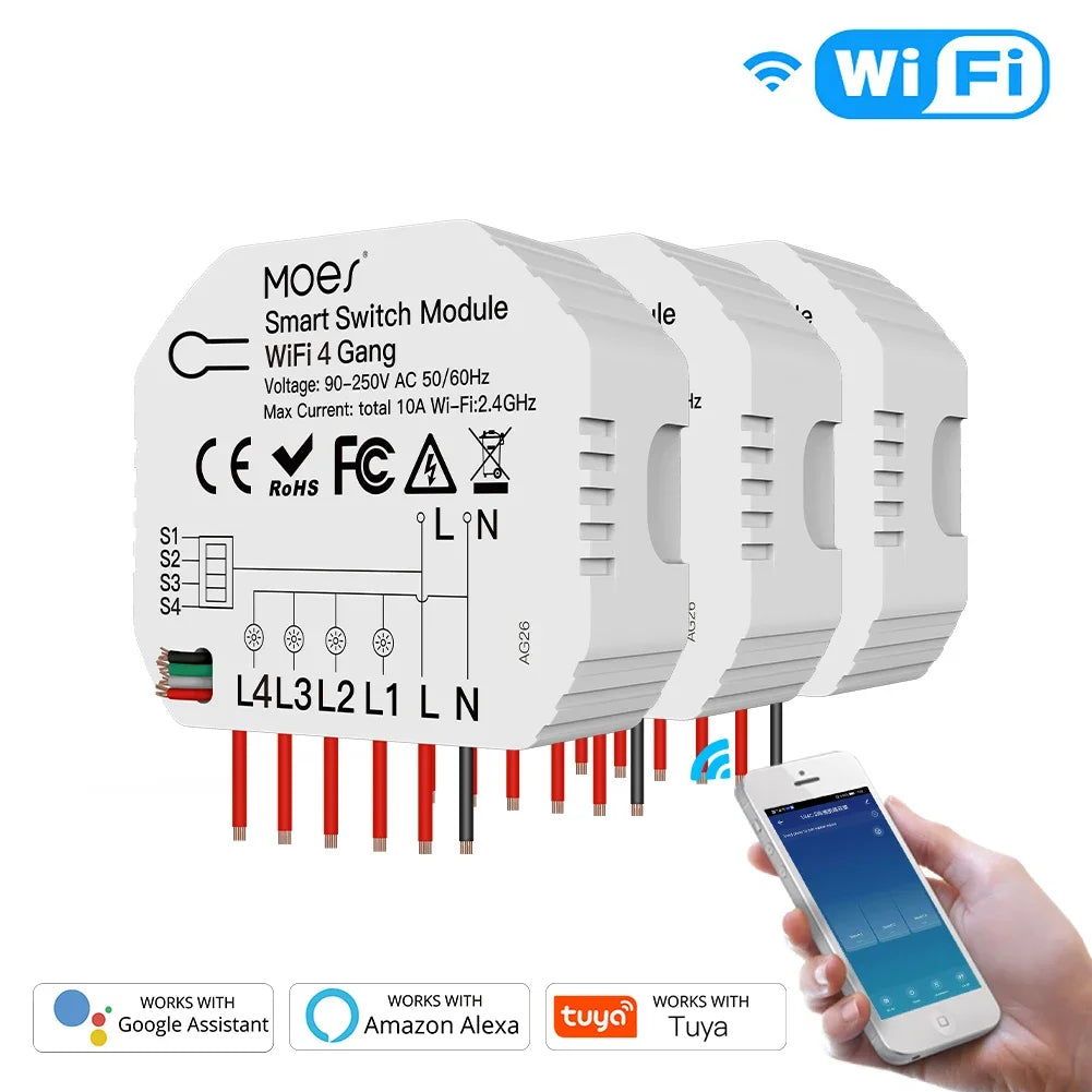 Mini DIY WiFi Smart Light Switch 4 Gang 1/2 Way Module Smart Life/Tuya App Wireless Remote Control Work with Alexa Google Home
