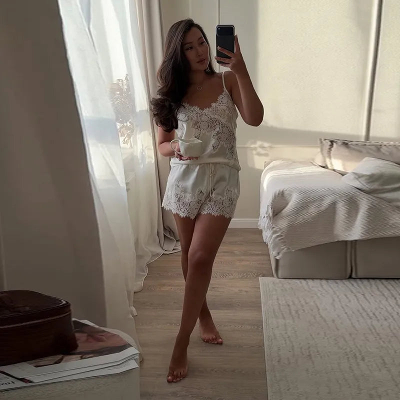 Lace Splicing Women Sets V Neck Spaghetti Strap Camisole Tops Solid Drawstring Shorts Sexy Bedroom Lounge Set 2026 New Fashion