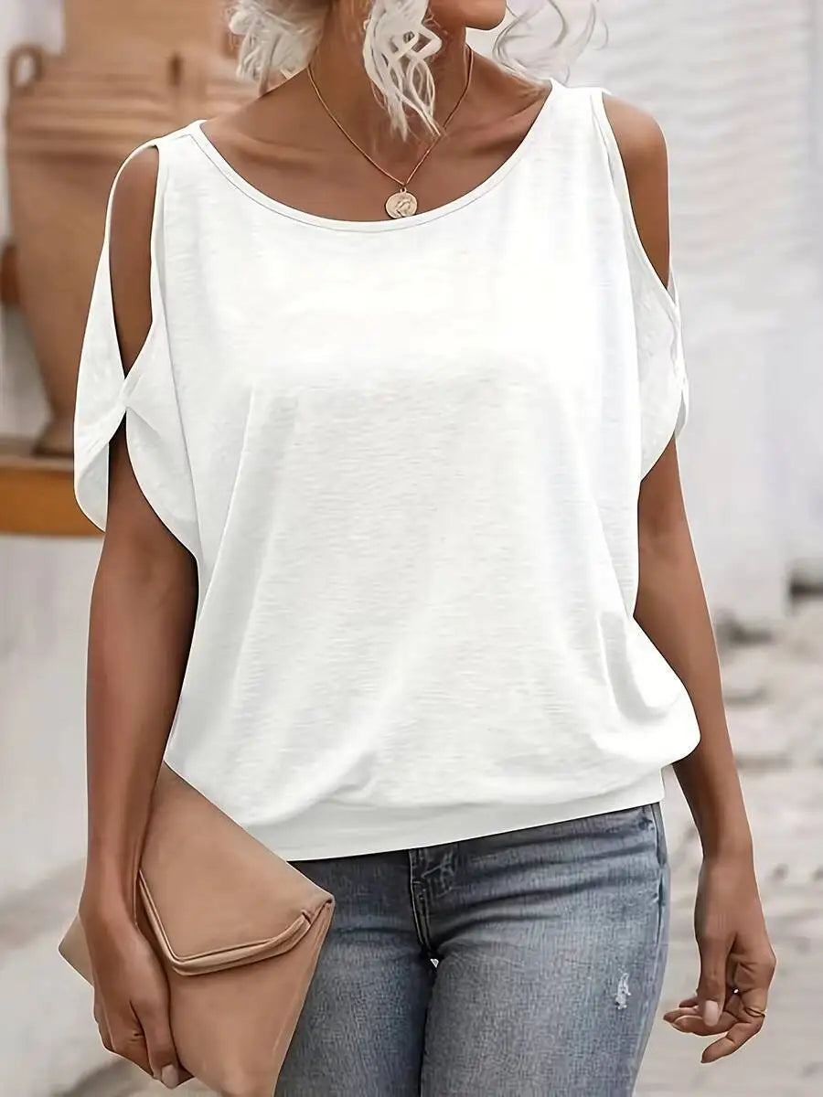Women's Tee Top Cold Shoulder Short Sleeve Solid Soft Knit Loose Tops Casual Tee Spring Summer Chic Tee Daily Breathable Tops